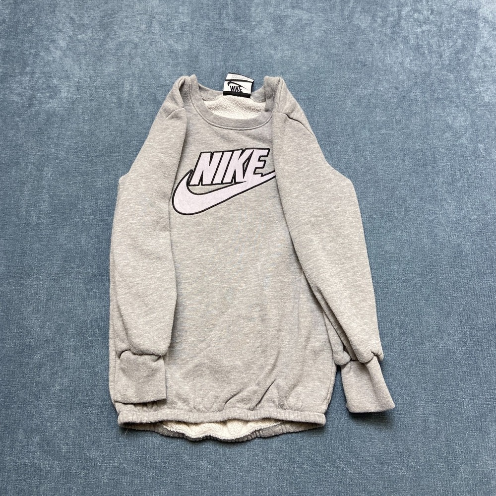 Nike Sweatshirt Girls L 6-7Y Gray Fleece Embroidered Logo Crew Neck Long Sleeve